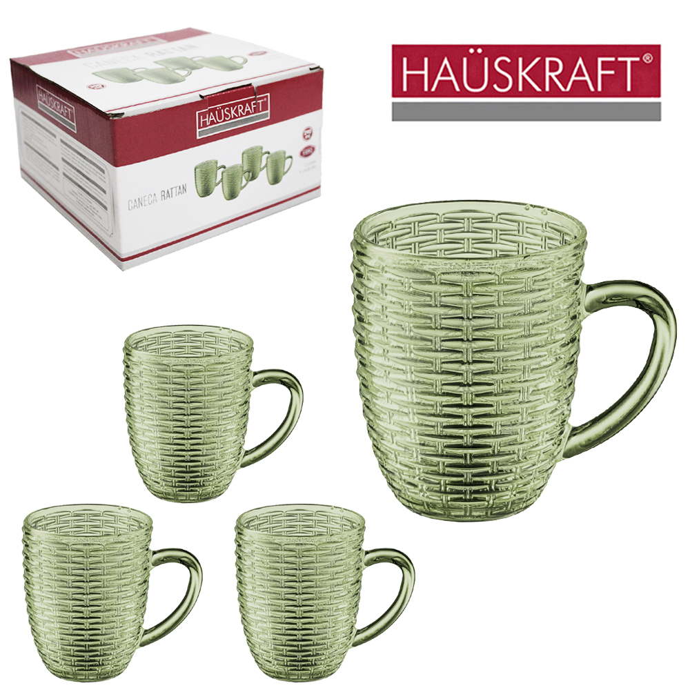 JOGO DE CANECA XICARA DE VIDRO PARA CAFE / CAPPUCCINO RATTAN VERDE HAUSKRAFT COM 4 PECAS 290ML