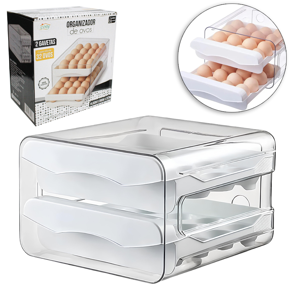 PORTA OVOS DE PLASTICO RETANGULAR COM 2 GAVETAS 32 CAVIDADES 22X20X14,5CM