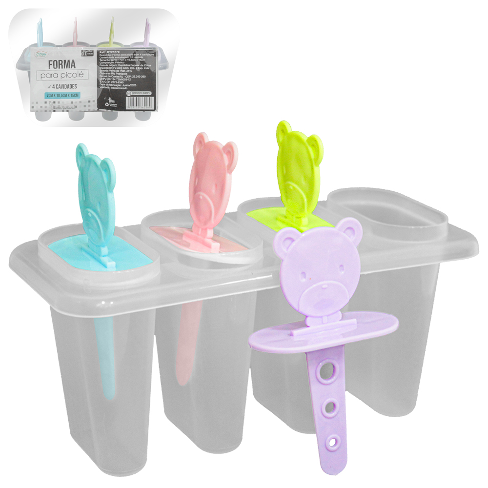 FORMA DE PLASTICO PARA PICOLE / SORVETE COM 4 CAVIDADES CABO URSINHO 15X10,5X7CM
