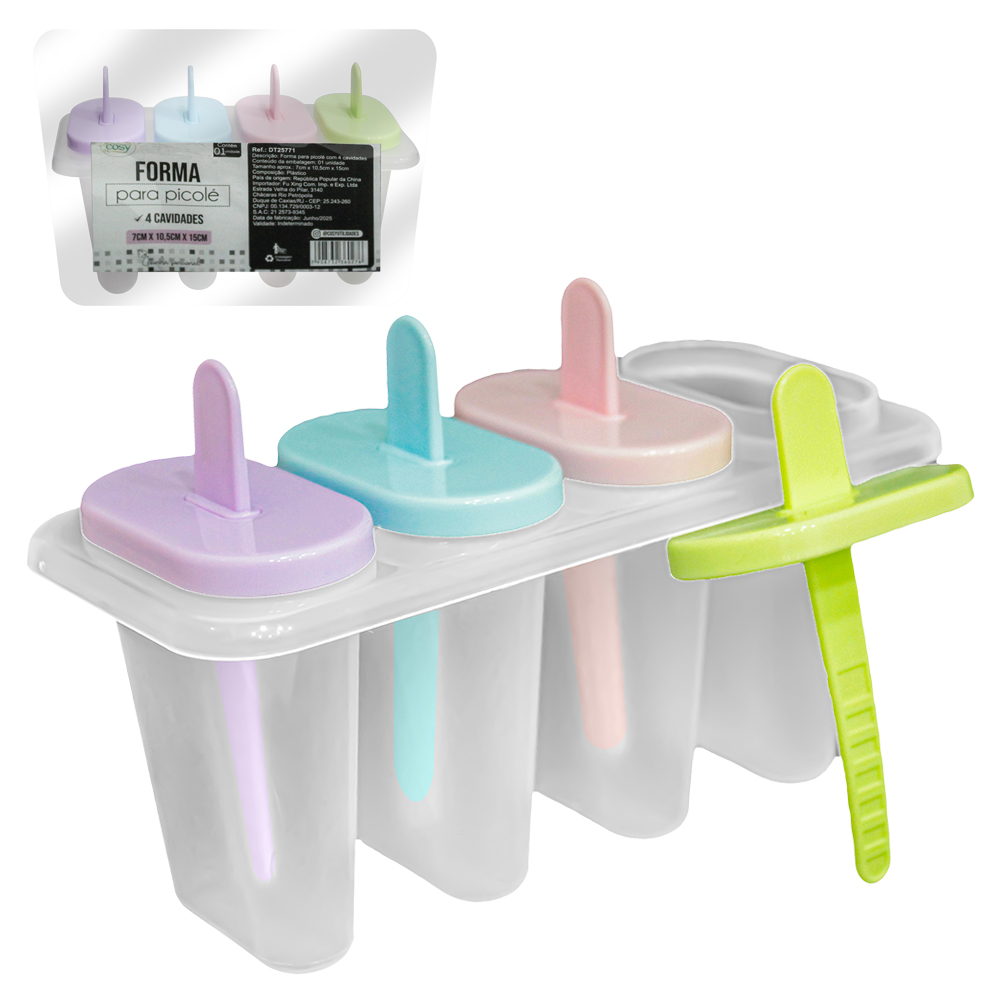 FORMA DE PLASTICO PARA PICOLE / SORVETE COM 4 CAVIDADES CABO PALITO 15X10,5X7CM