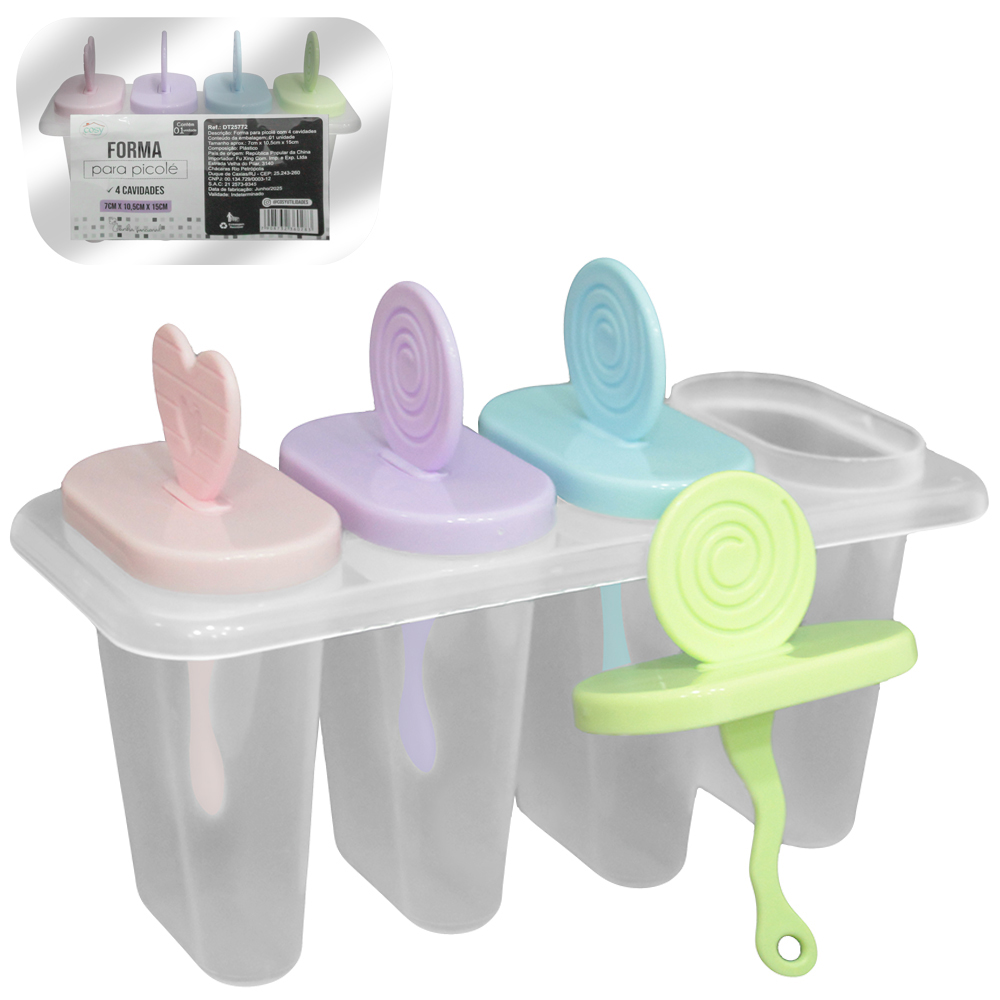 FORMA DE PLASTICO PARA PICOLE / SORVETE COM 4 CAVIDADES CABO CORACAO / PIRULITO 15X10,5X7CM