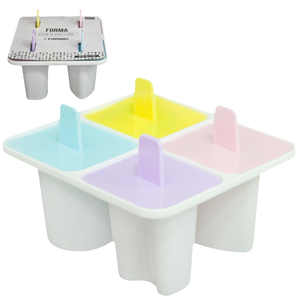FORMA DE PLASTICO PARA PICOLE / SORVETE COM 4 CAVIDADES SORTIDAS CABO LISO 10X9X6CM