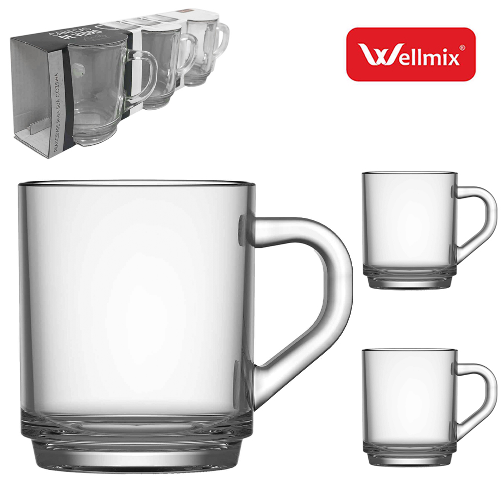JOGO DE CANECA XICARA DE VIDRO PARA CAFE / CAPPUCCINO AMILLY TRANSPARENTE COM 3 PECAS 245ML