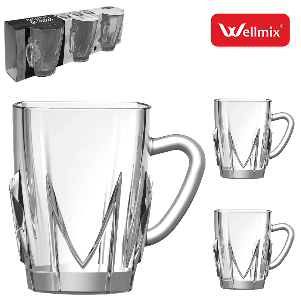 JOGO DE CANECA XICARA DE VIDRO PARA CAFE / CAPPUCCINO MERIDA TRANSPARENTE COM 3 PECAS 230ML