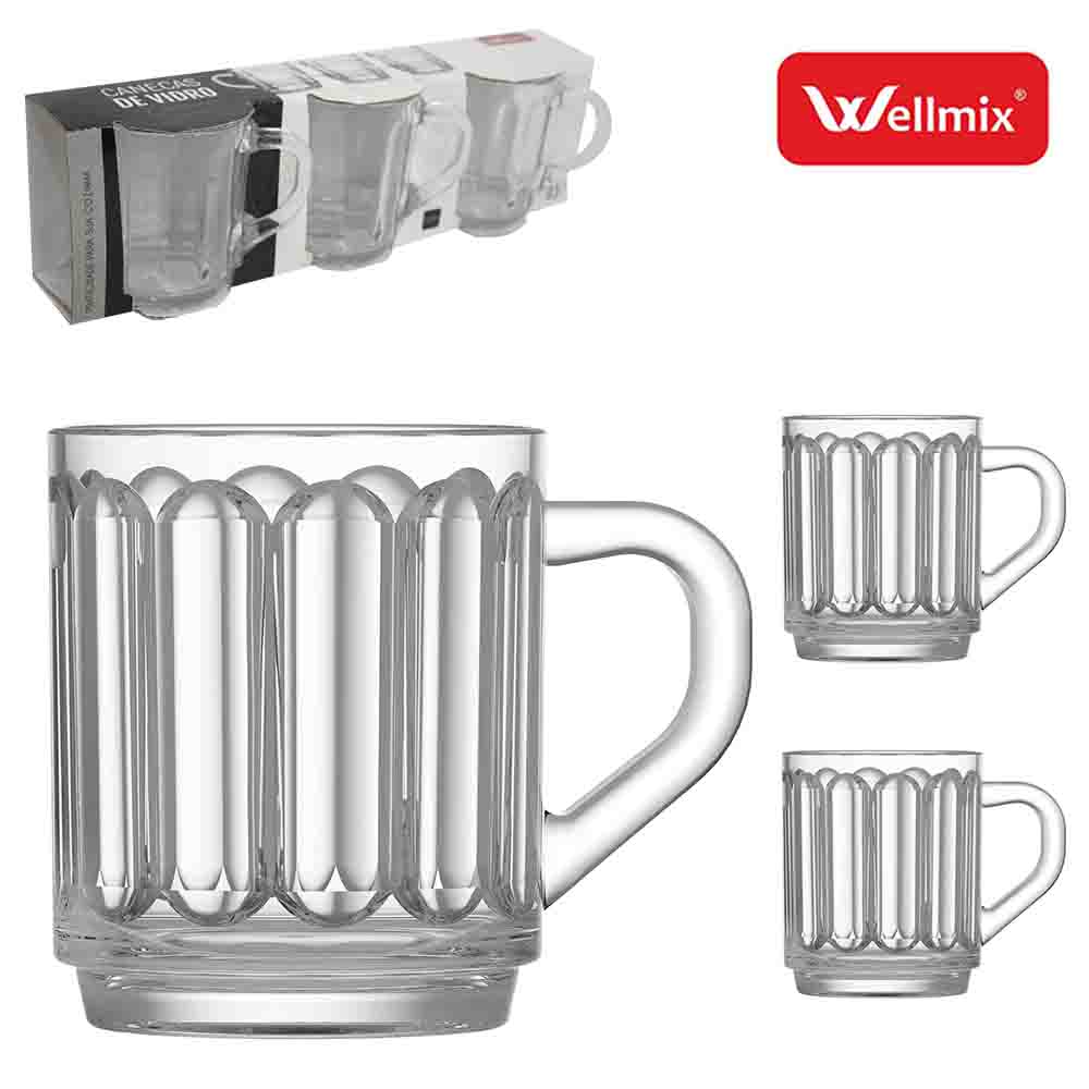 JOGO DE CANECA XICARA DE VIDRO PARA CAFE / CAPPUCCINO CARMINE TRANSPARENTE COM 3 PECAS 245ML