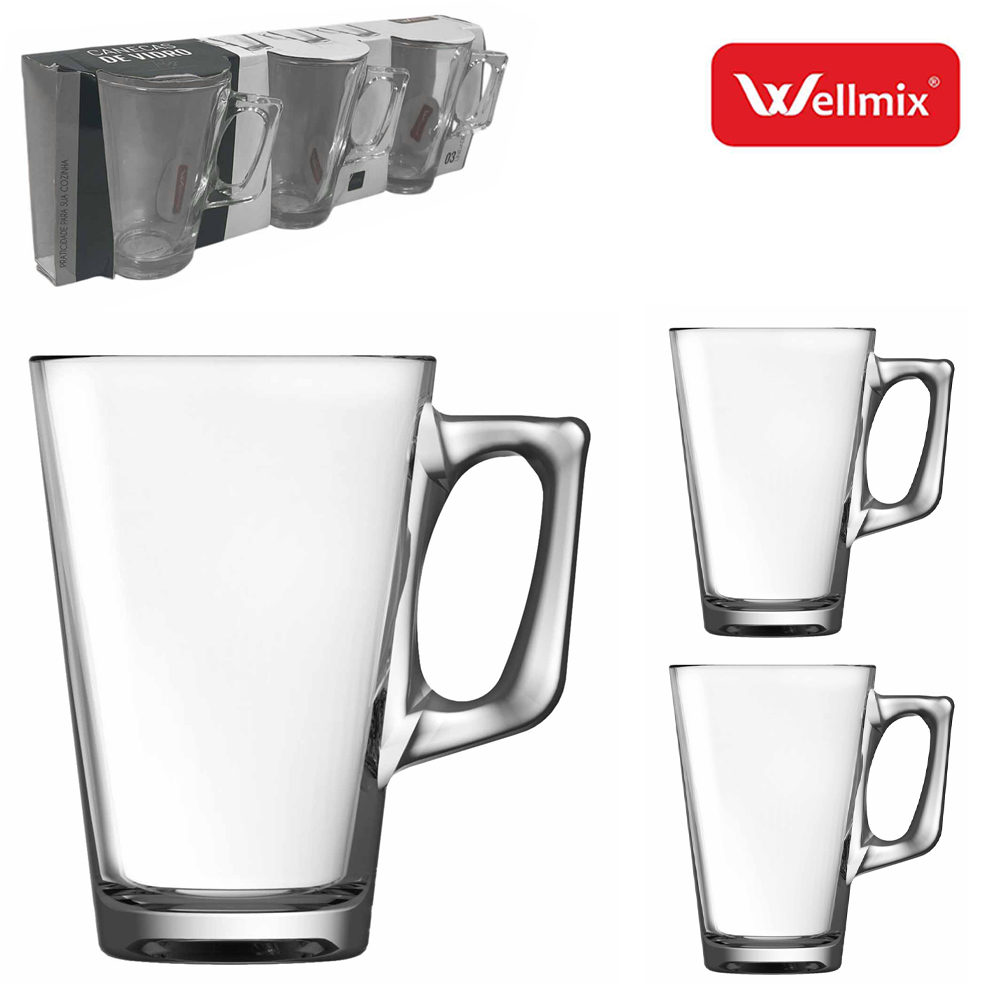 JOGO DE CANECA XICARA DE VIDRO PARA CAFE / CAPPUCCINO TILY TRANSPARENTE COM 3 PECAS 265ML