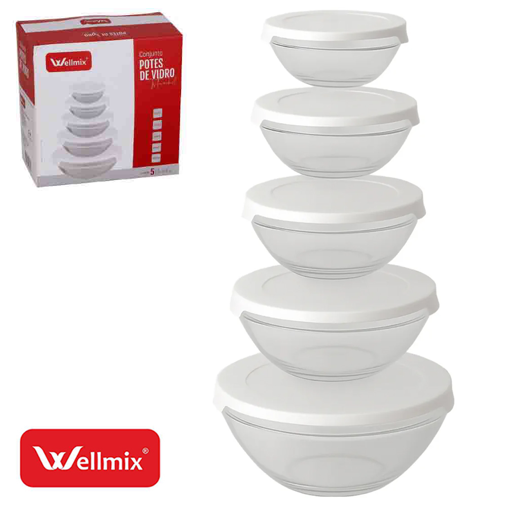 CONJUNTO DE POTE DE VIDRO REDONDO COM TAMPA DE PLASTICO BRANCO ISTAMBUL 5 PECAS 1000/550/400/200/135ML