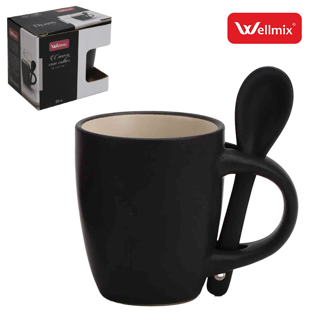 CANECA DE PORCELANA COM COLHER DENNY COLLECTION PRETA 90ML