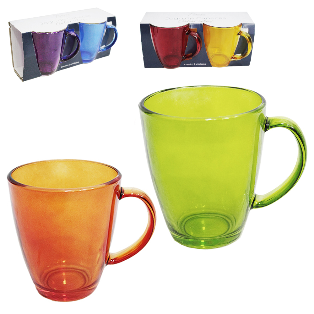 CANECA XICARA DE VIDRO COLORIDAS TRANSCOLOR FLUX COM 2 PECAS 350ML