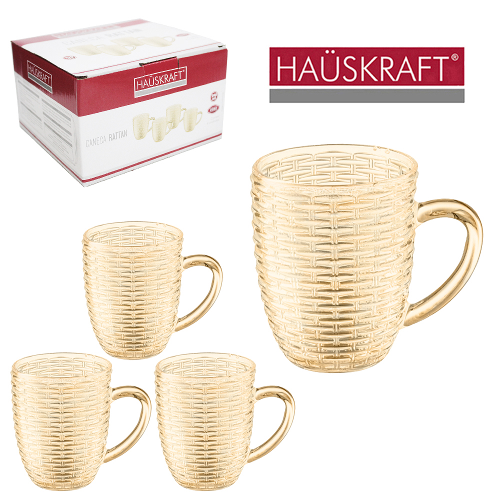 JOGO DE CANECA XICARA DE VIDRO PARA CAFE / CAPPUCCINO RATTAN AMBAR HAUSKRAFT COM 4 PECAS 290ML 