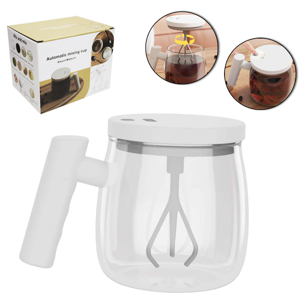 CANECA MIXER / MISTURADOR DE VIDRO COM ALCA + TAMPA DE PLASTICO RECARREGAVEL 3.7V BIVOLT USB 500ML
