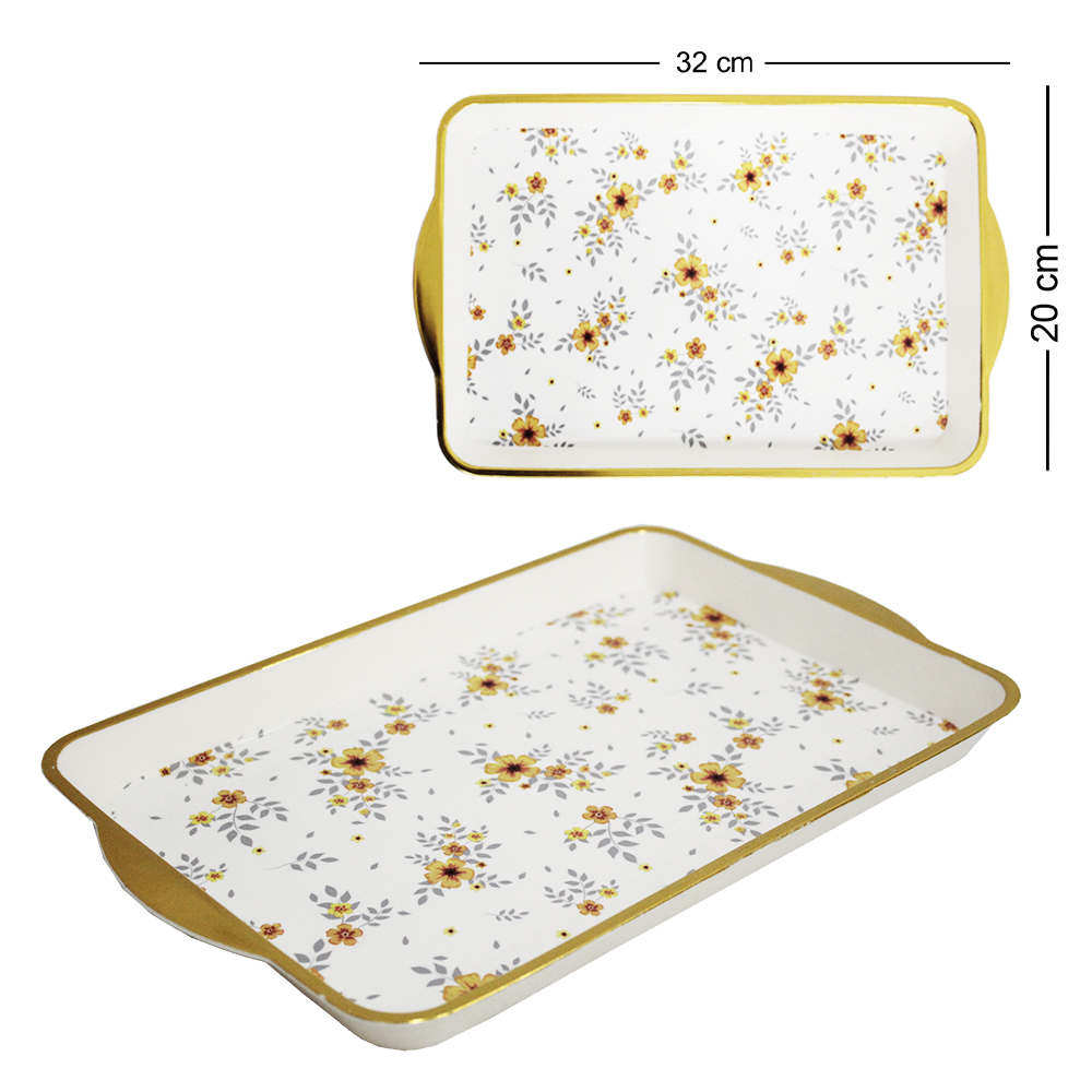 BANDEJA DE PLASTICO RETANGULAR FLORAL COM BORDA DOURADA 32,2X20,3X2CM