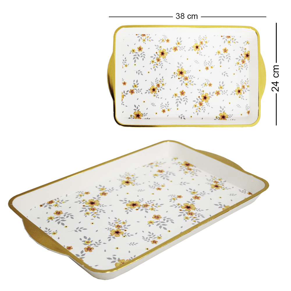 BANDEJA DE PLASTICO RETANGULAR FLORAL COM BORDA DOURADA 38X24,7X2,5CM