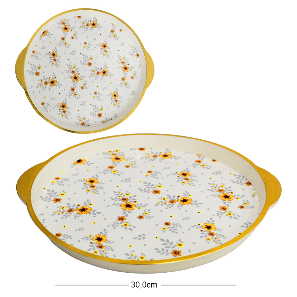 BANDEJA DE PLASTICO REDONDA FLORAL COM ALCA + BORDA DOURADA 2,5X38,3X35CM