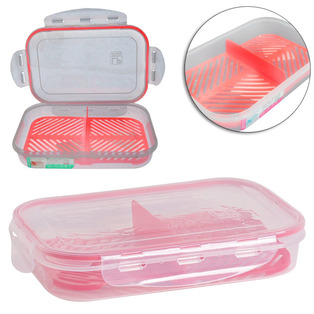 PORTA FRIOS DE PLASTICO DUPLO RETANGULAR COM TELA + TAMPA VERMELHO 700ML 22,5X15X3,7CM