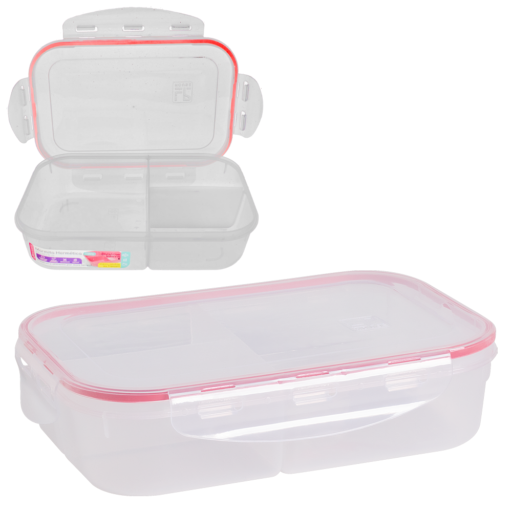MARMITA DE PLASTICO RETANGULAR COM 3 DIVISORIAS + TRAVA LATERAL VERMELHO 1L 22X15X5CM