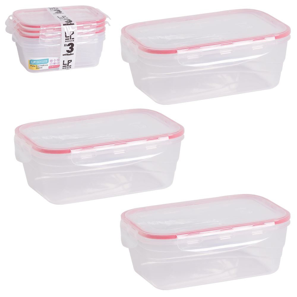 CONJUNTO DE POTE DE PLASTICO RETANGULAR COM TAMPA HERMETICA VERMELHO COM 3 PECAS 500ML 15X10,5X5,5CM