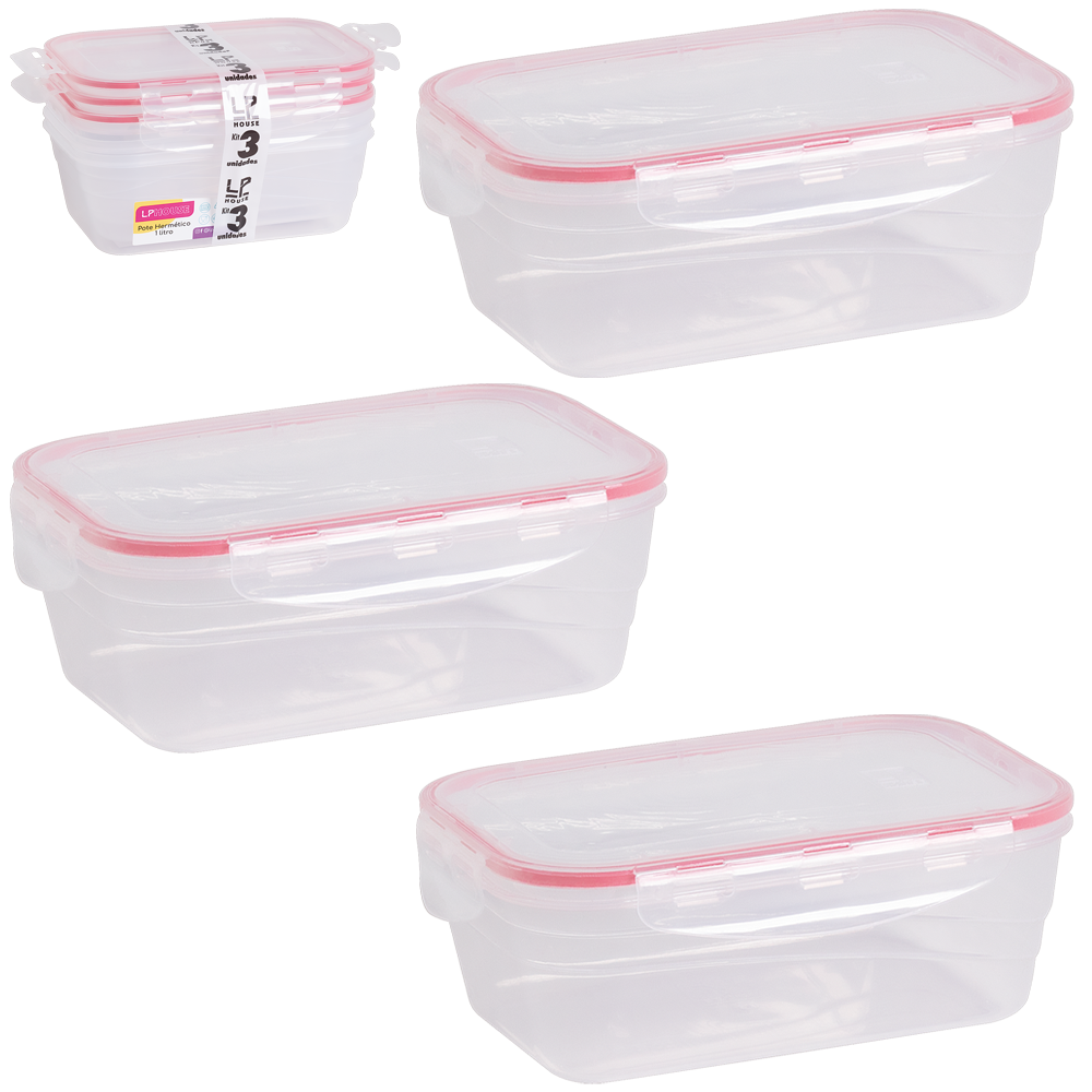 CONJUNTO DE POTE DE PLASTICO RETANGULAR COM TAMPA HERMETICA VERMELHO COM 3 PECAS 1000ML 19,5X13,5X7CM