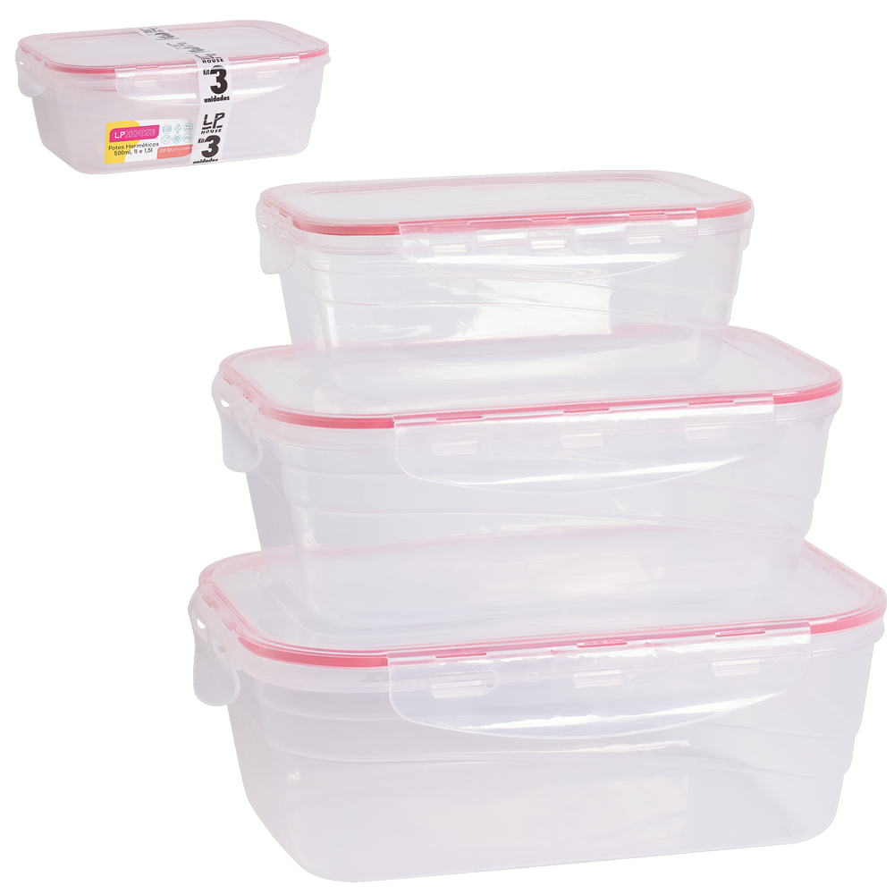 CONJUNTO DE POTE DE PLASTICO RETANGULAR COM TAMPA HERMETICA VERMELHO COM 3 PECAS 1500 / 1000 / 500ML