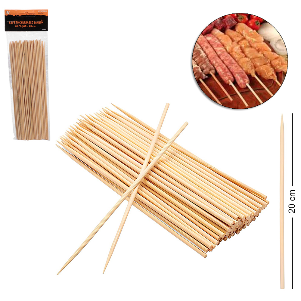 ESPETO / PALITO DE BAMBU PARA CHURRASCO COM 80 PECAS 20CM