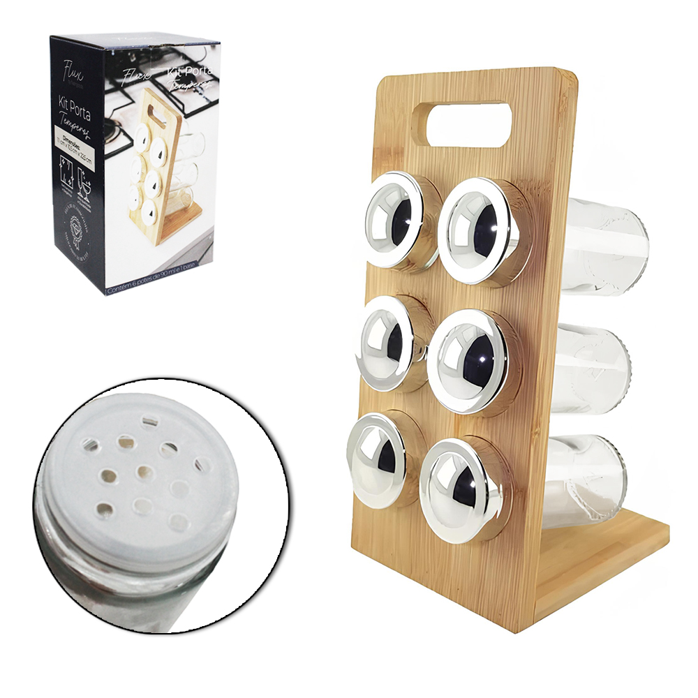 PORTA CONDIMENTO DE VIDRO COM 6 PECAS 90ML + SUPORTE DE BAMBU FLUX 22,5X11X10,5CM