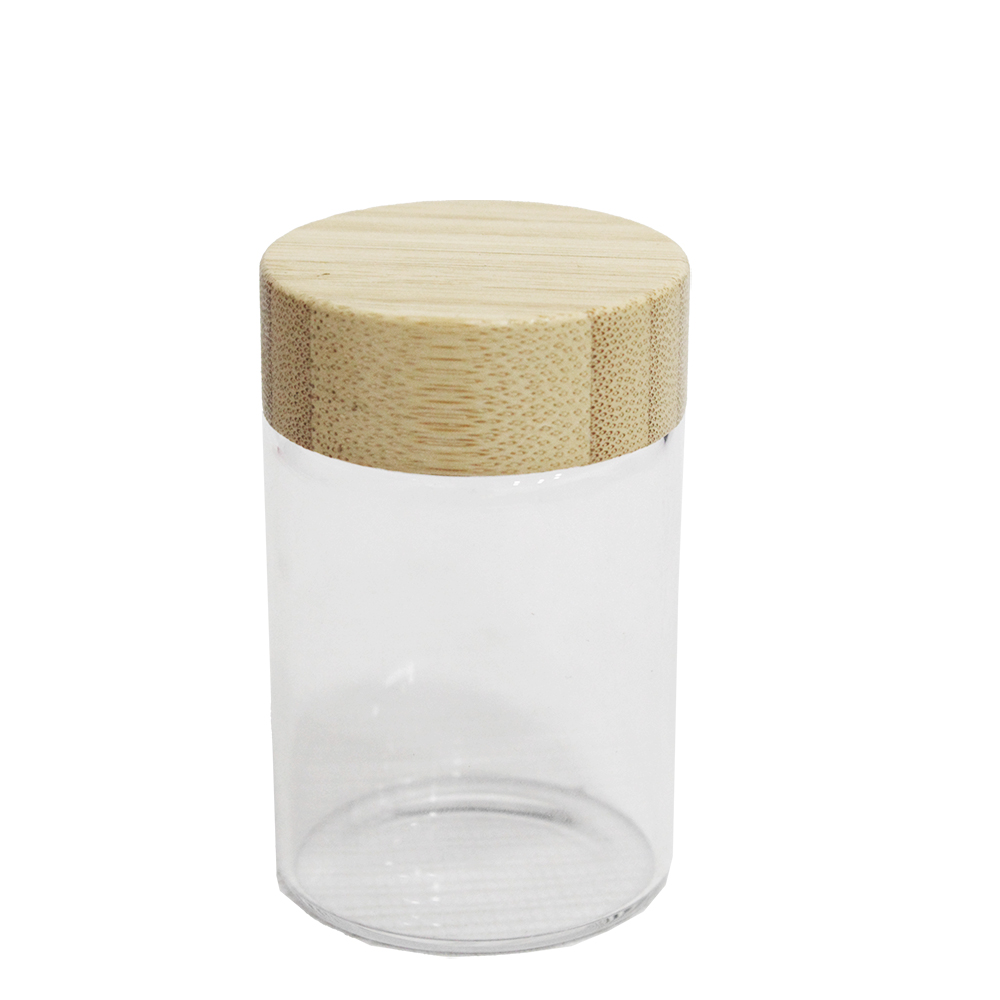 POTE DE VIDRO REDONDO COM TAMPA DE MADEIRA / BAMBU 65ML