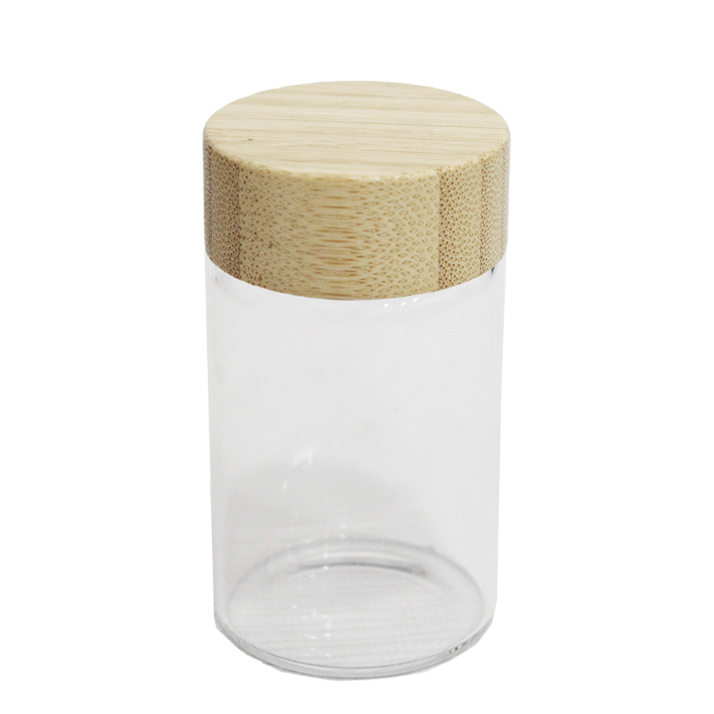 POTE DE VIDRO REDONDO COM TAMPA DE MADEIRA / BAMBU 72ML