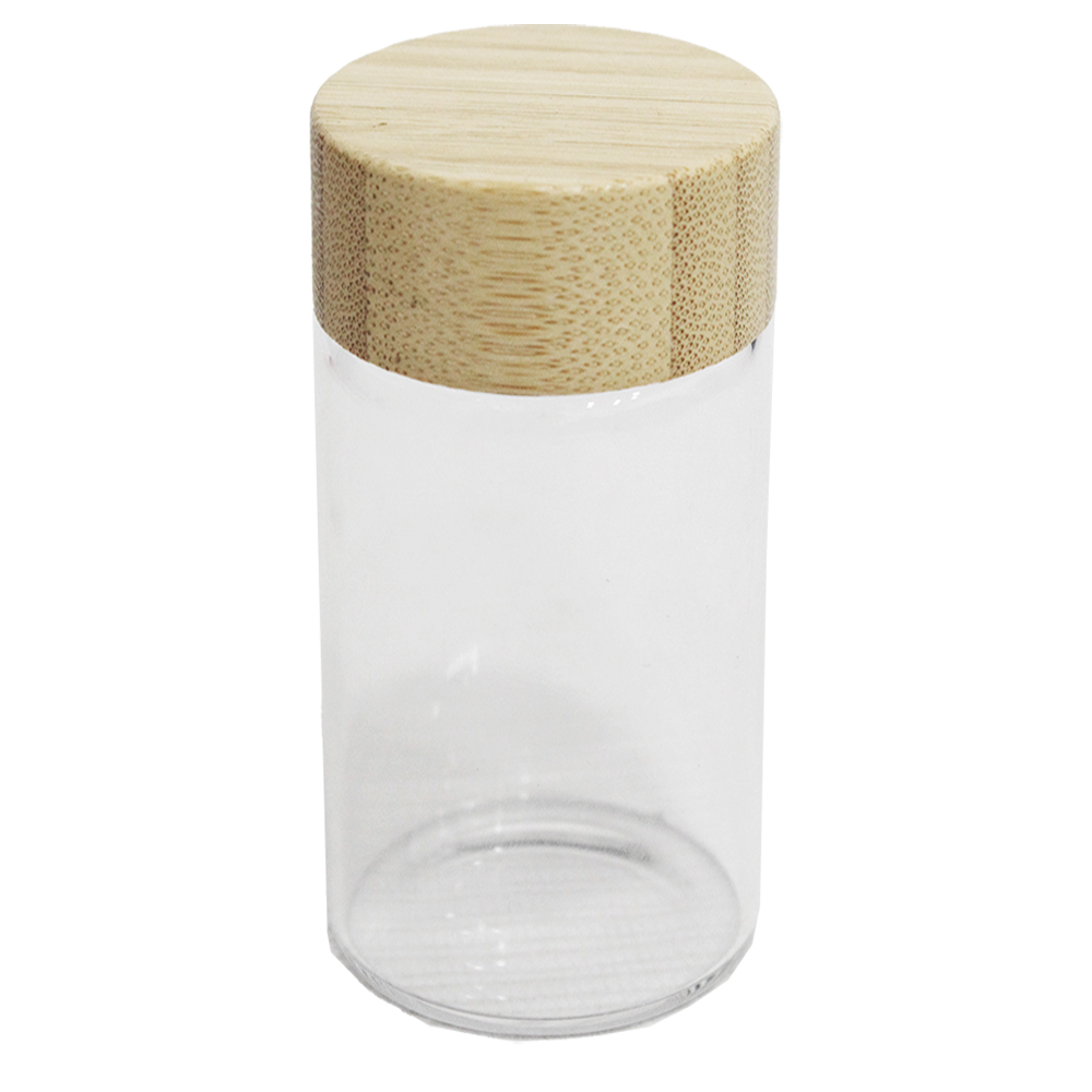 POTE DE VIDRO REDONDO COM TAMPA DE MADEIRA / BAMBU 120ML