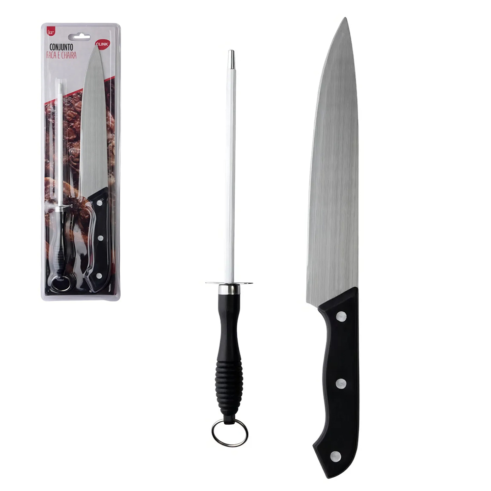 CONJUNTO DE FACA DE CHURRASCO 8'' + CHAIRA DE INOX 6,5