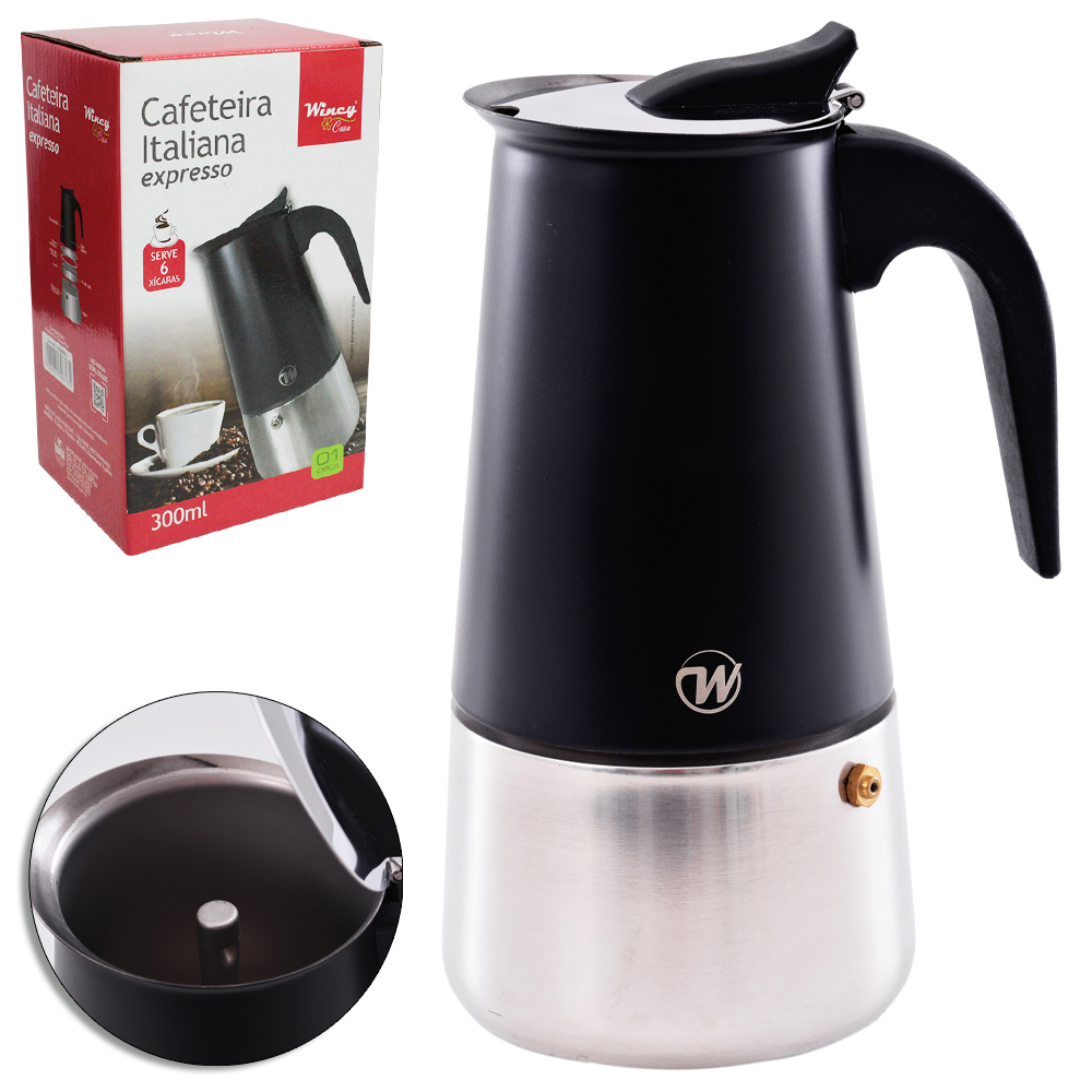 CAFETEIRA ITALIANA DE INOX PRETO 300ML PARA 6 XICARAS