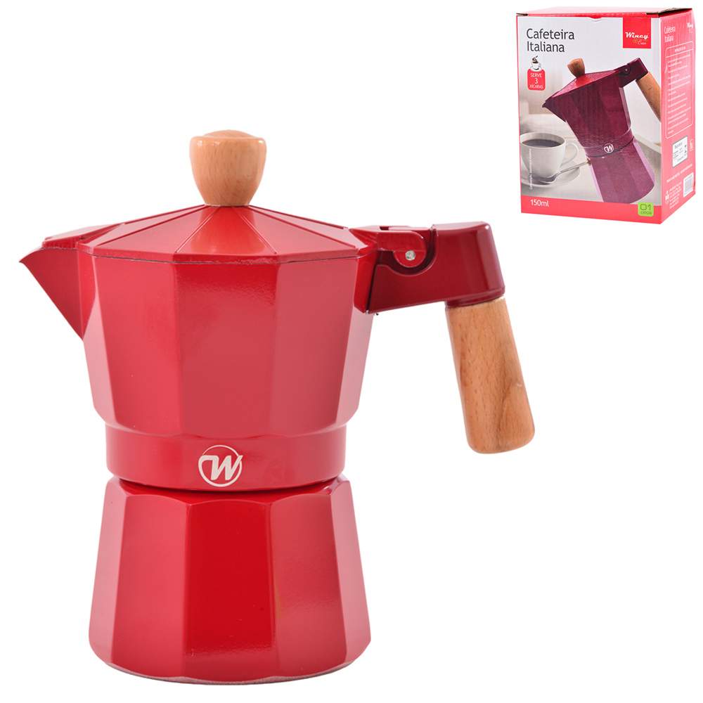 CAFETEIRA ITALIANA DE ALUMINIO VERMELHO 150ML CABO DE BAMBU PARA 3 XICARAS