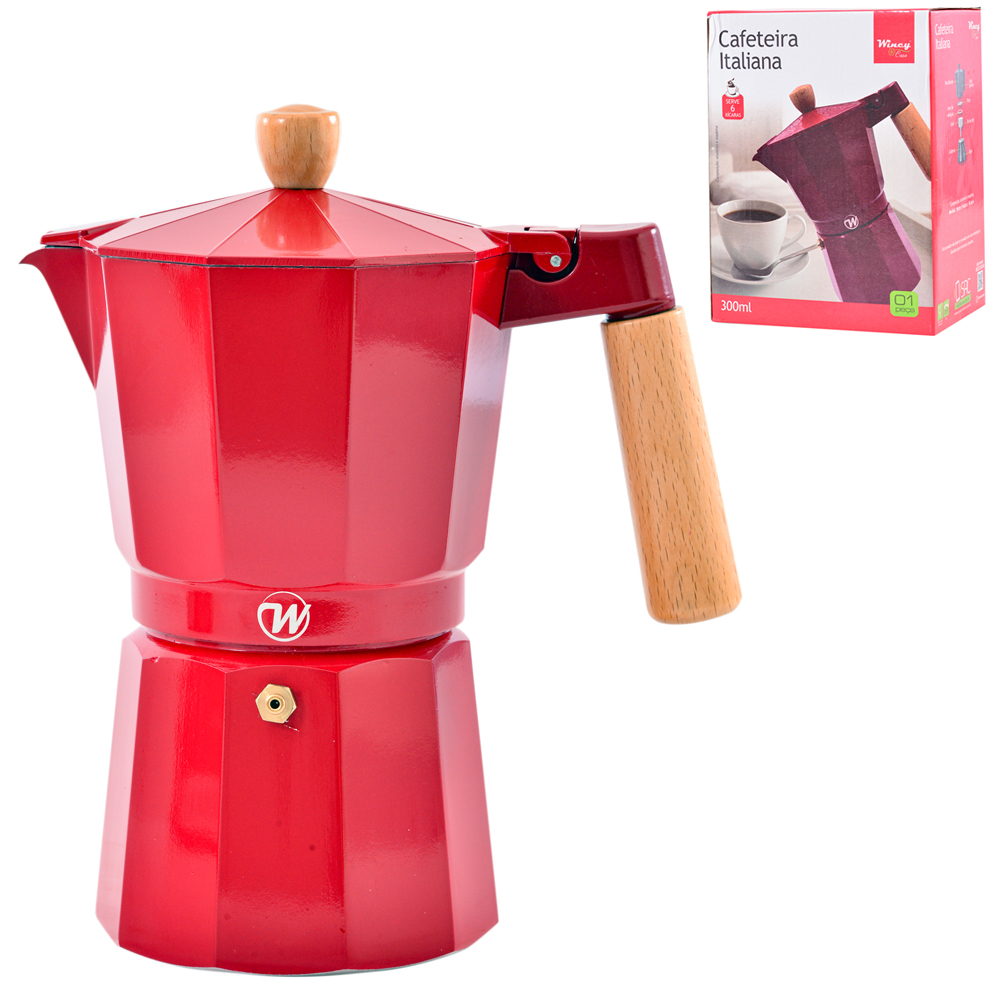 CAFETEIRA ITALIANA DE ALUMINIO VERMELHO 300ML CABO DE BAMBU PARA 6 XICARAS