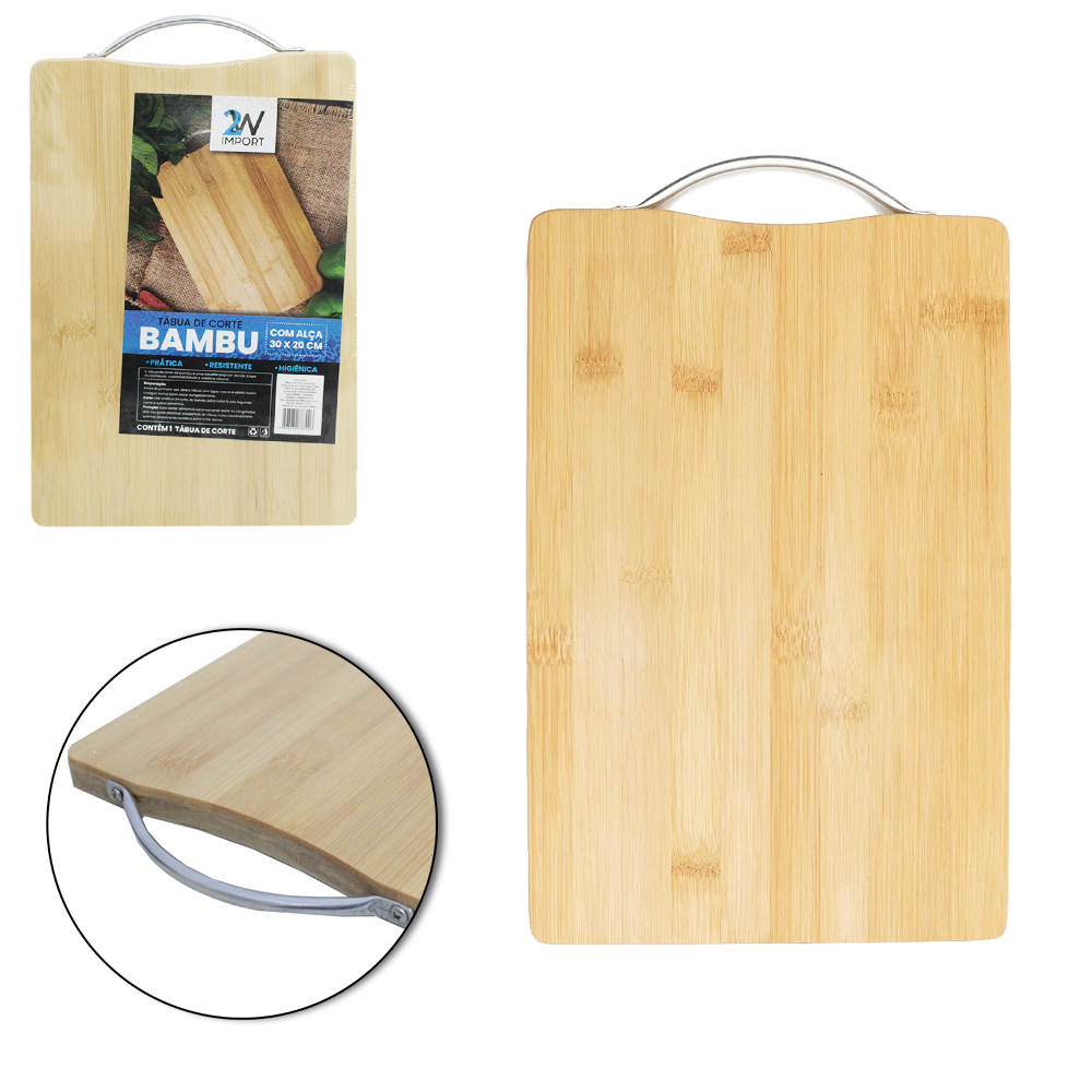TABUA DE CORTE DE MADEIRA / BAMBU MULTIUSO RETANGULAR COM ALCA DE METAL 30X20CM