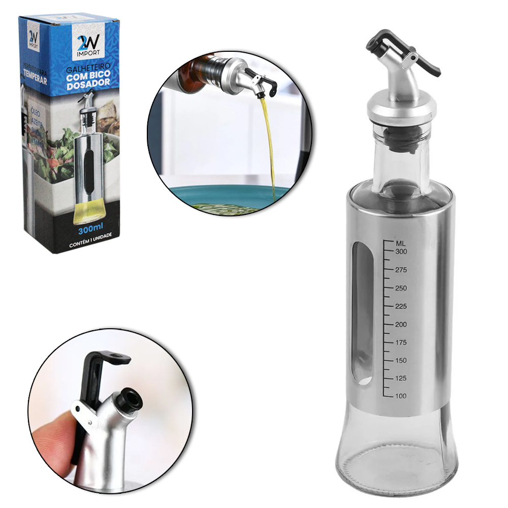 AZEITEIRO / VINAGREIRO DE VIDRO / INOX COM BICO DOSADOR DE PLASTICO 300ML