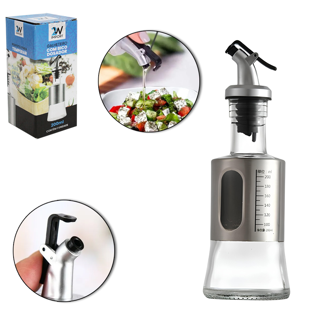 AZEITEIRO / VINAGREIRO DE VIDRO / INOX COM BICO DOSADOR DE PLASTICO 200ML