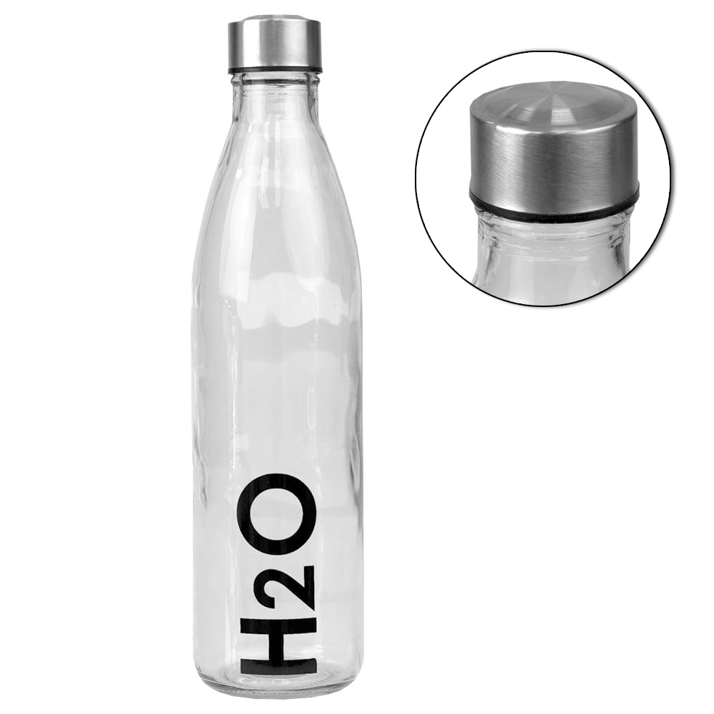 GARRAFA DE AGUA DE VIDRO H2O COM TAMPA DE INOX 1000ML