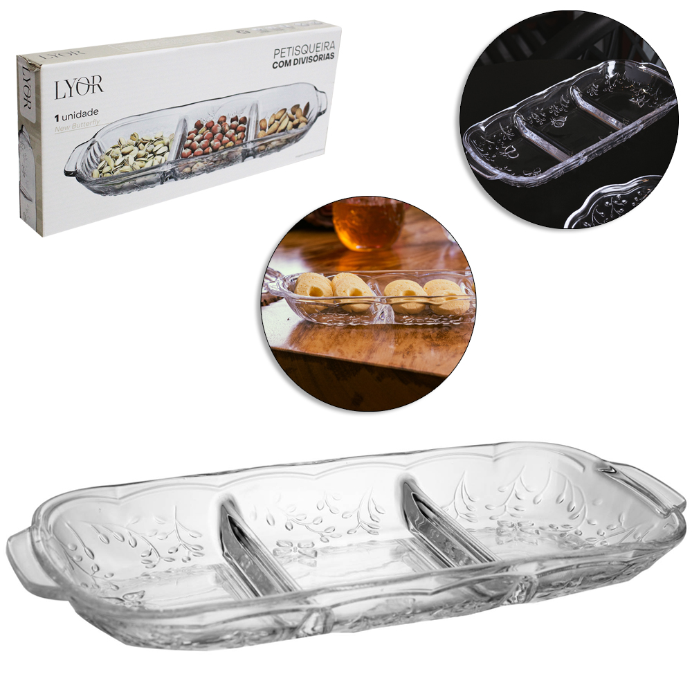 BANDEJA PETISQUEIRA DE VIDRO CRISTAL RETANGULAR COM 3 DIVISORIAS + ALCA NEW BUTTERFLY 30X12CM