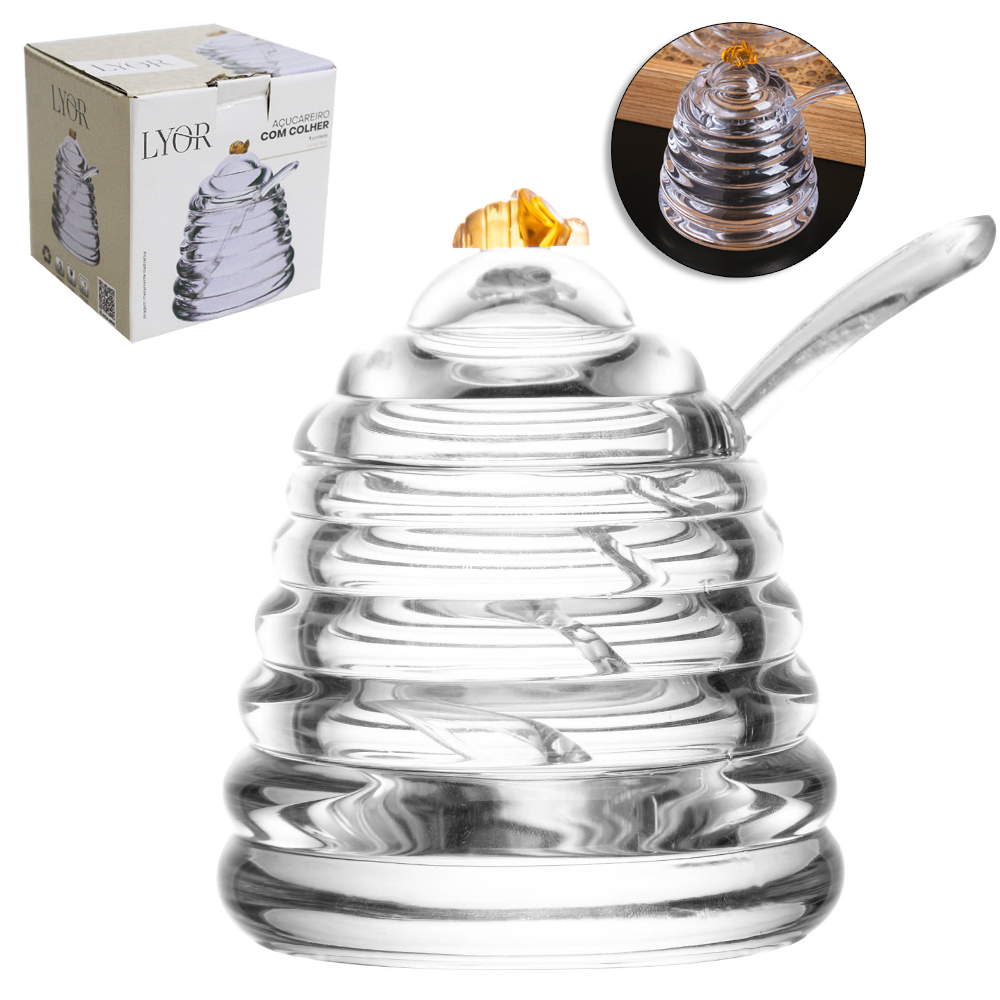 ACUCAREIRO / PORTA CONDIMENTO DE VIDRO CRISTAL COM TAMPA ABELHA + COLHER DE ACRILICO LITTLE BEE 140ML