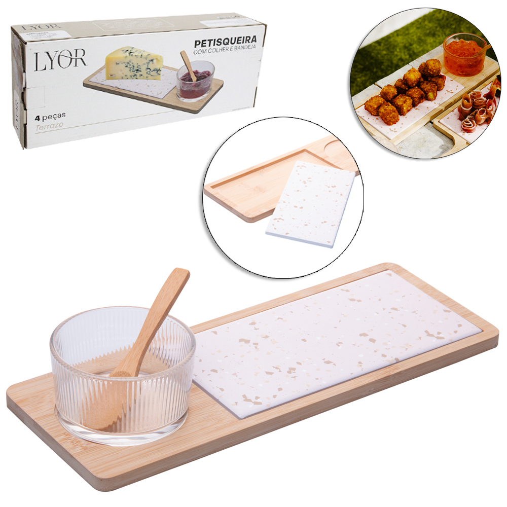 CONJUNTO PETISQUEIRA DE VIDRO + BANDEJA E COLHER DE BAMBU E TABUA TERRAZO 32X12X5,5CM
