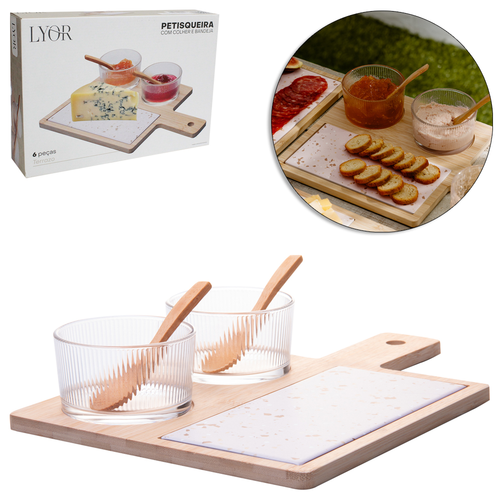 CONJUNTO PETISQUEIRAS DE VIDRO 2 PECAS + BANDEJA E COLHER DE BAMBU E TABUA TERRAZO