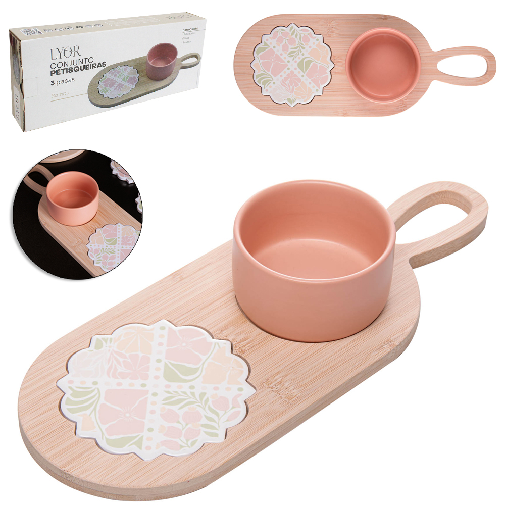 CONJUNTO PETISQUEIRA DE PORCELANA + BANDEJA DE BAMBU E TABUA FLORAL 33X23X5,5CM