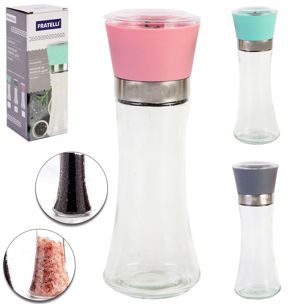PORTA TEMPERO / MOEDOR DE VIDRO COM TAMPA DE PLASTICO 200ML 19X6,5CM DE Ø