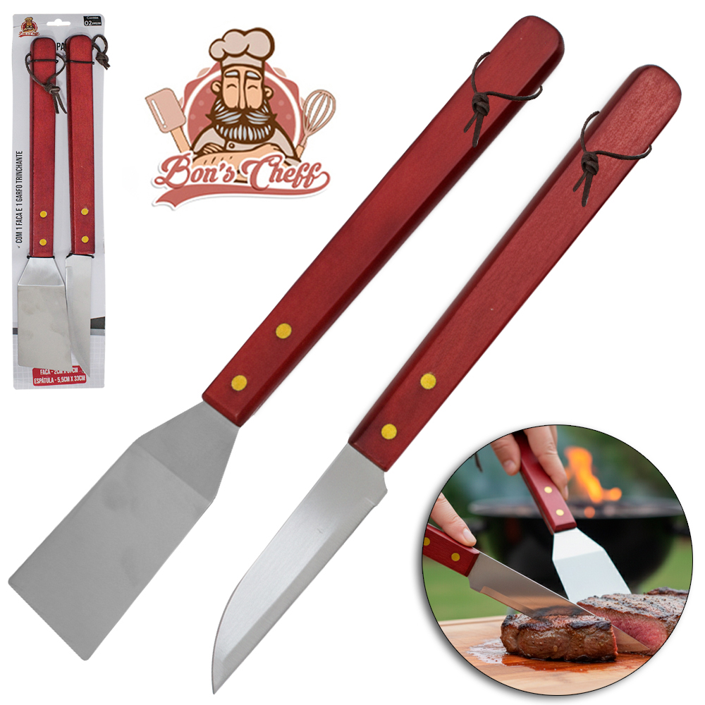 CONJUNTO DE CHURRASCO COM ESPATULA + FACA DE INOX CABO MADEIRA BONS CHEFF