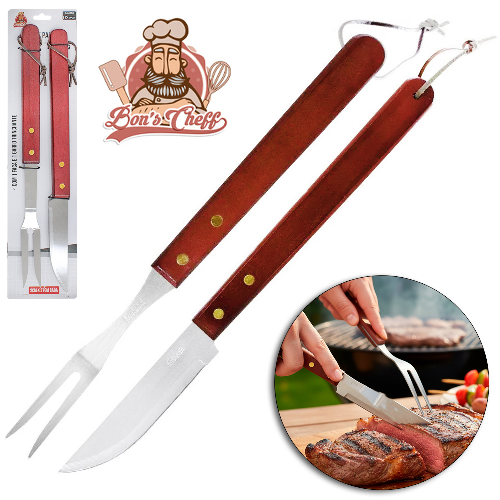 CONJUNTO DE CHURRASCO COM FACA + GARFO TRINCHANTE DE INOX CABO MADEIRA BONS CHEFF