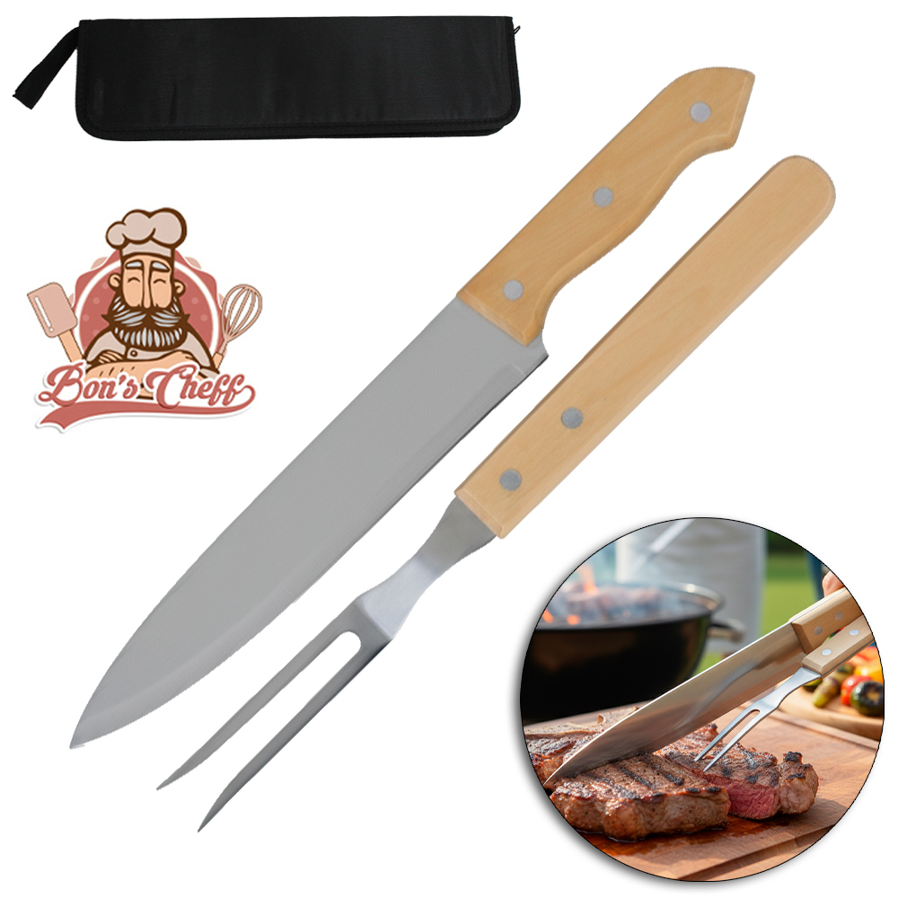 CONJUNTO DE CHURRASCO COM FACA + GARFO TRINCHANTE DE INOX CABO MADEIRA NO ESTOJO BONS CHEFF