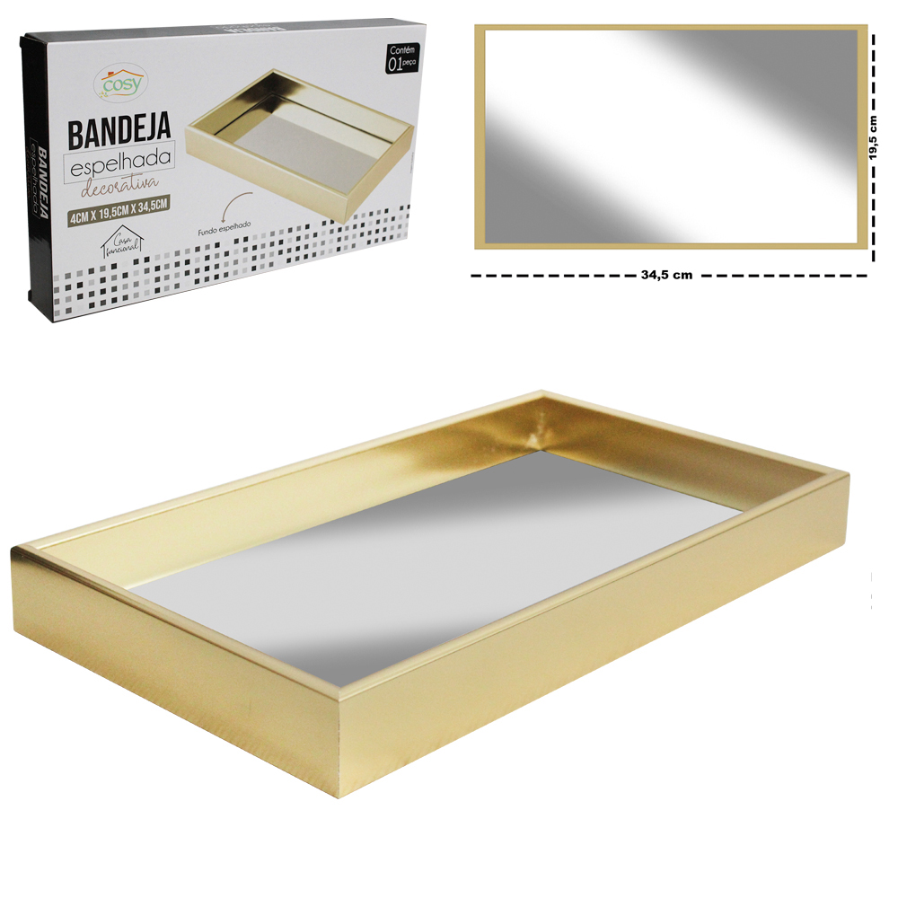 BANDEJA DE PLASTICO COM ESPELHO RETANGULAR DECORATIVA 34,5X19,5X4CM
