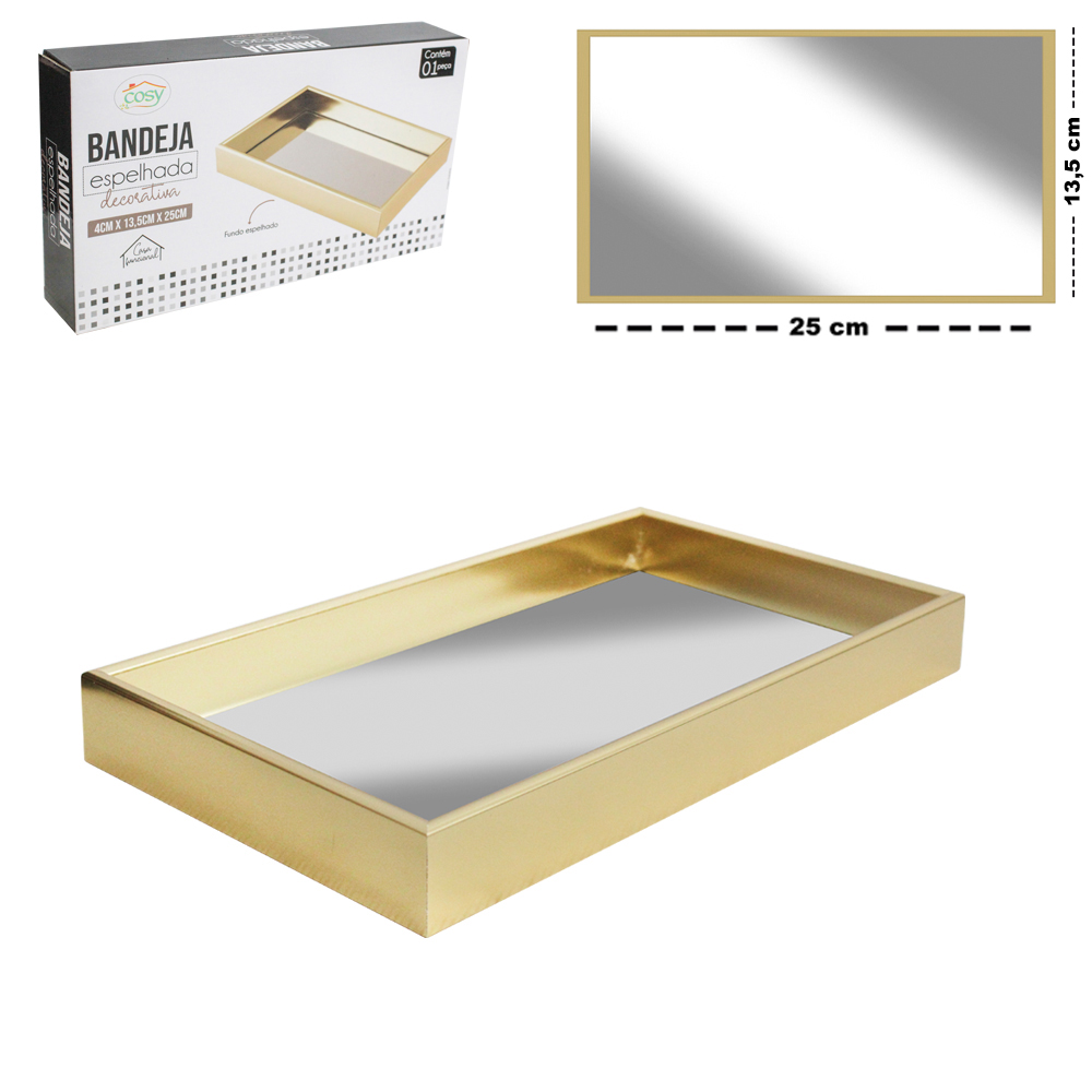 BANDEJA DE PLASTICO COM ESPELHO RETANGULAR DECORATIVA 25X13,5X4CM