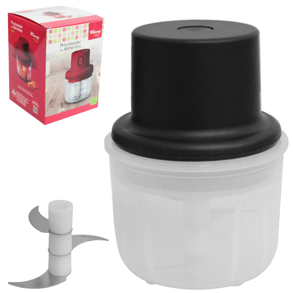 PROCESSADOR DE ALIMENTOS RECARREGAVEL COM 3 LAMINAS DE INOX + CABO USB 250ML 12,5X9CM DE Ø