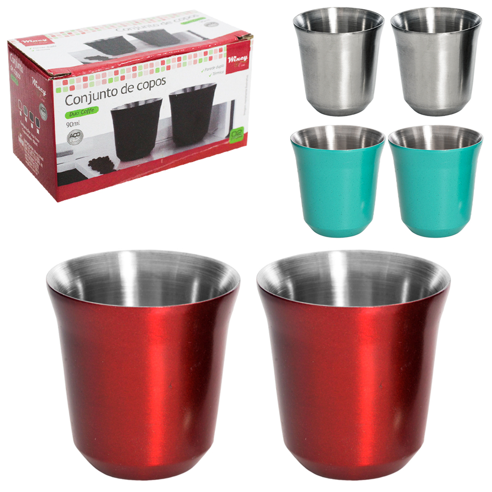 JOGO DE COPO TERMICO DE INOX COM PAREDE DUPLA DUO COFFE COM 2 PECAS 90ML