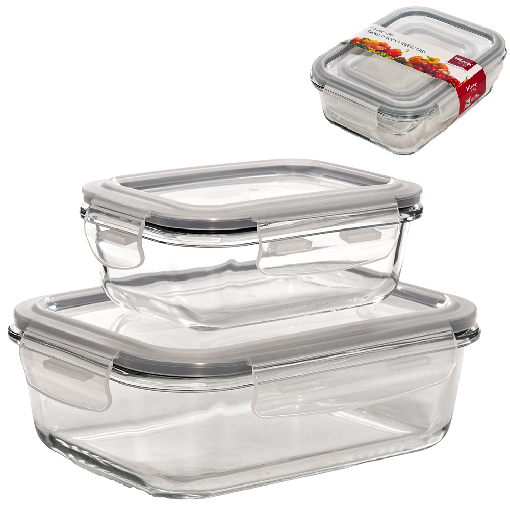 CONJUNTO DE POTE DE VIDRO BOROSSILICATO RETANGULAR COM TAMPA HERMETICA 2 PECAS 1040/370ML